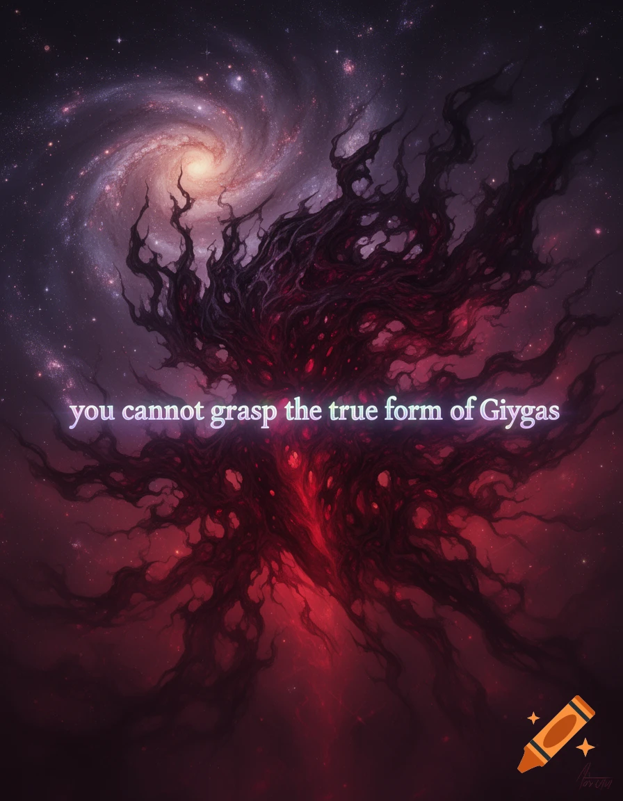 A dark red and purple cosmic horror entity with tendrils, against a starry galaxy background. Text says 'you cannot grasp the true form of Giygas'.