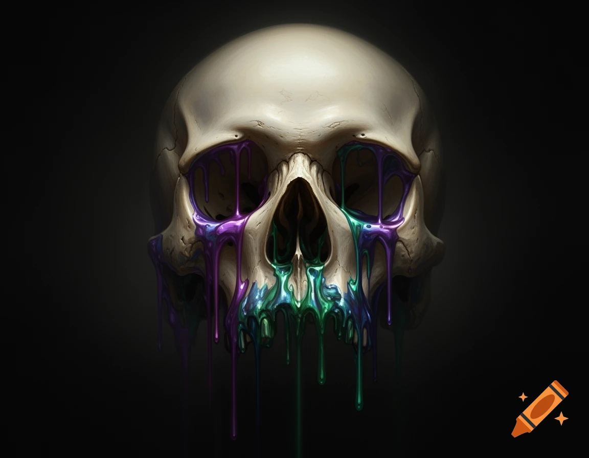 A stylized human skull with iridescent purple, blue, and green liquid dripping from its eye sockets and nasal cavity against a dark background.