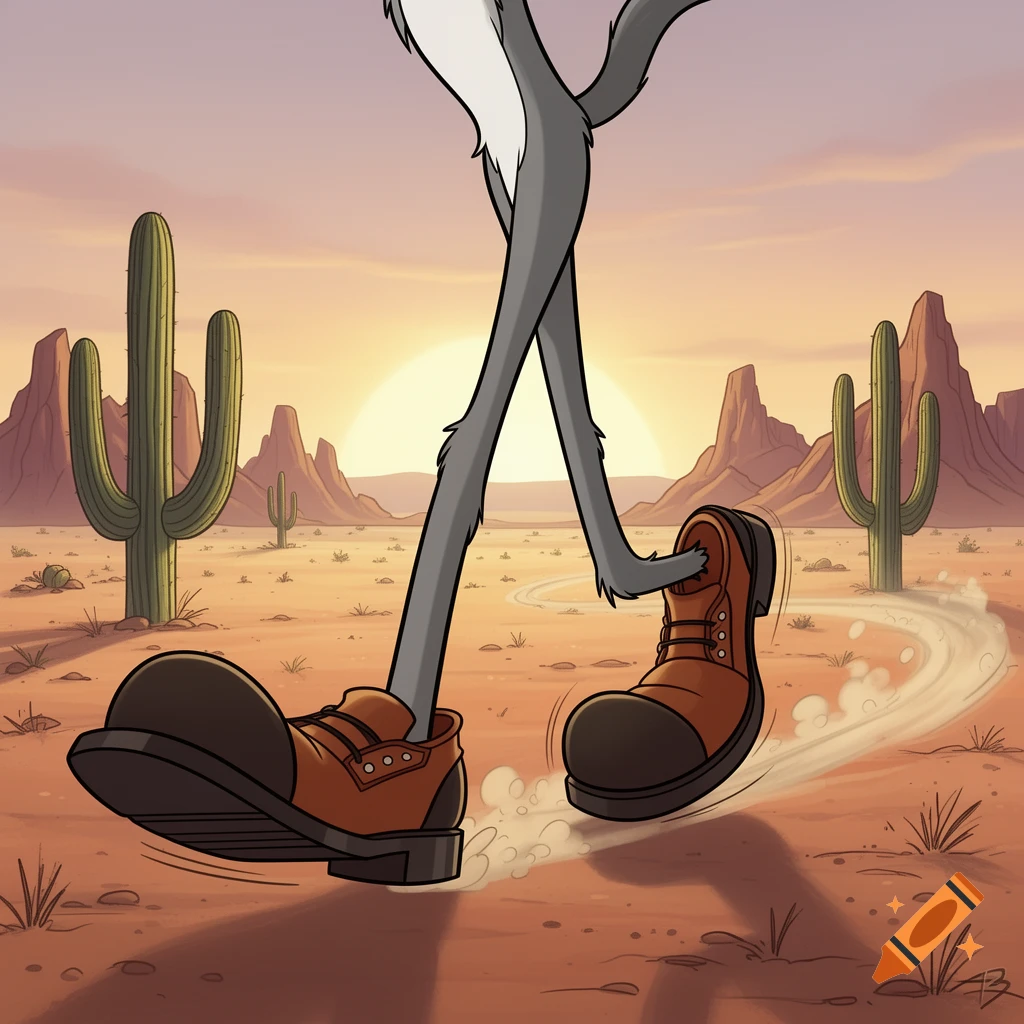 Cartoon coyote's furry legs in large brown boots walk through a dusty desert with cactuses and mesas under a sunset.