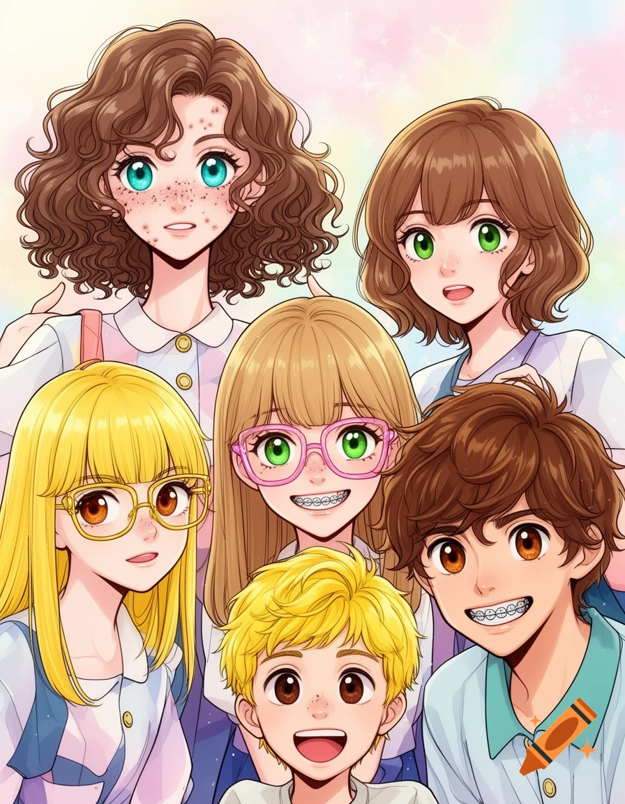 Anime-style group portrait of five diverse friends, some with glasses, freckles, acne, and braces, against a pastel background.