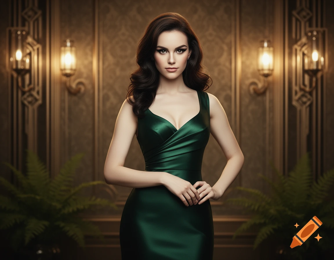 Photorealistic portrait of a woman in an elegant dark green dress, with dark wavy hair and bold makeup, in an opulent art deco room.