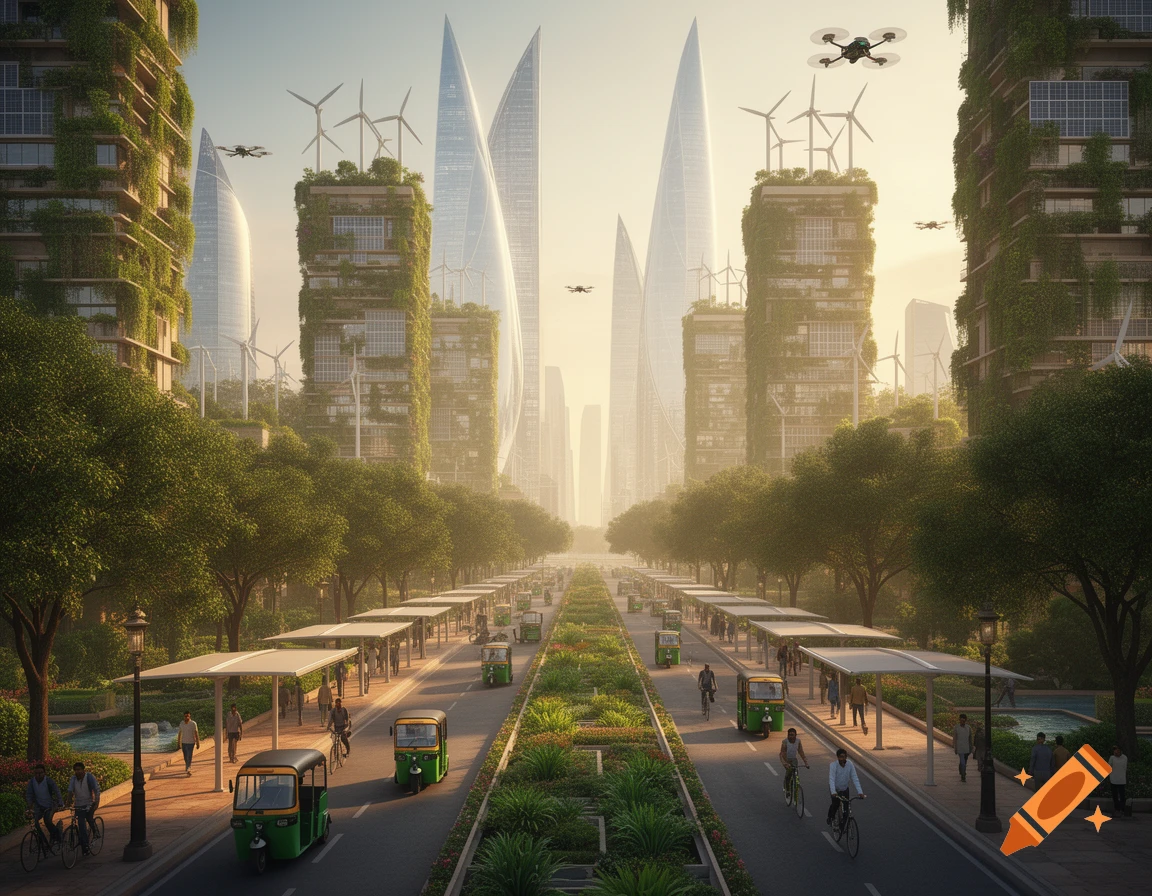 A futuristic, eco-friendly Indian city street with green buildings, wind turbines, drones, people, and auto-rickshaws.