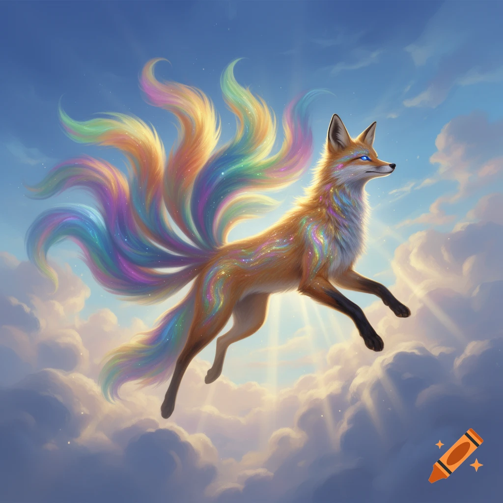 A sparkling, multi-tailed rainbow fox soars gracefully through a bright blue sky with luminous clouds and sun rays.