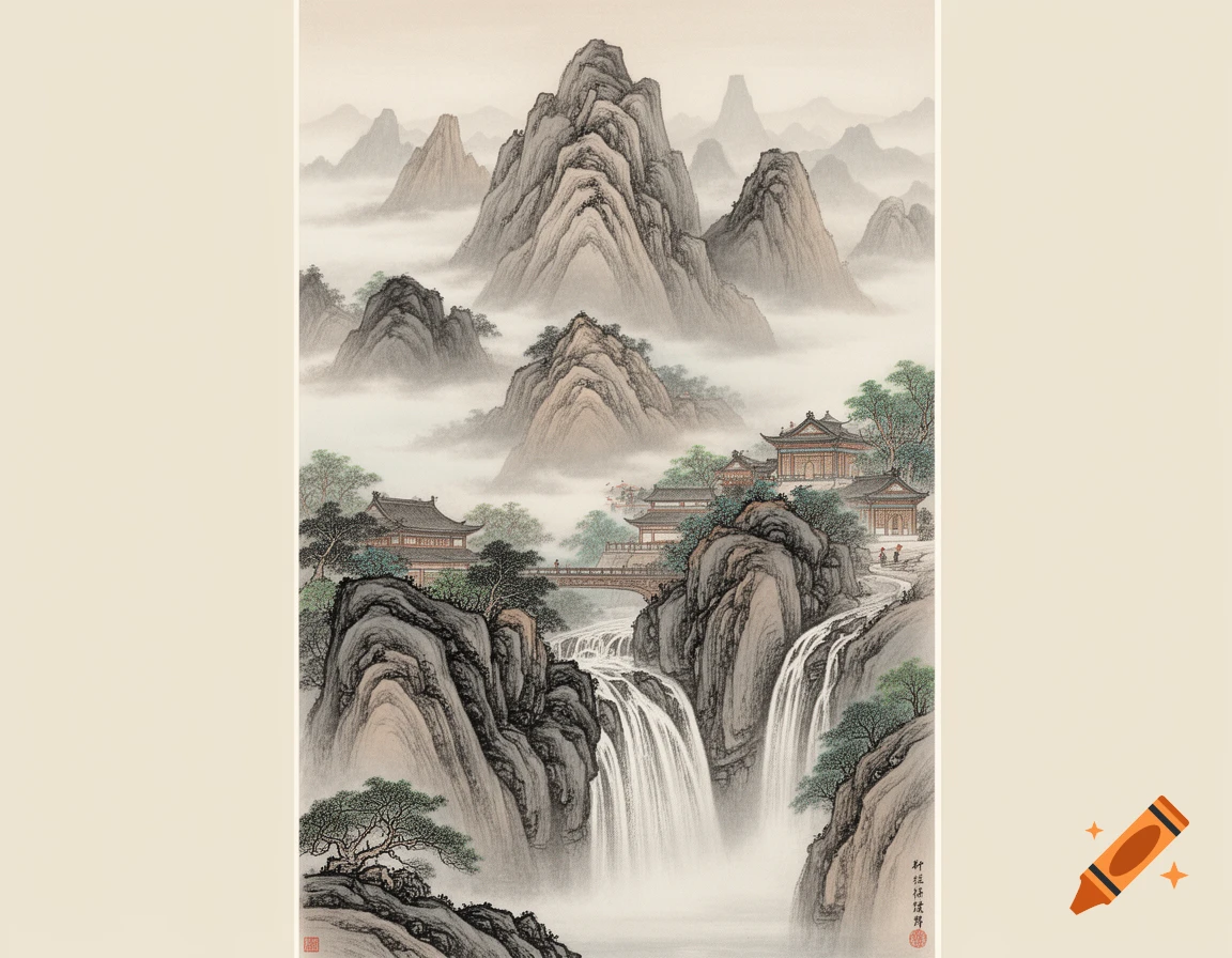 Traditional Chinese landscape painting with majestic mountains shrouded in mist, temples, and cascading waterfalls.
