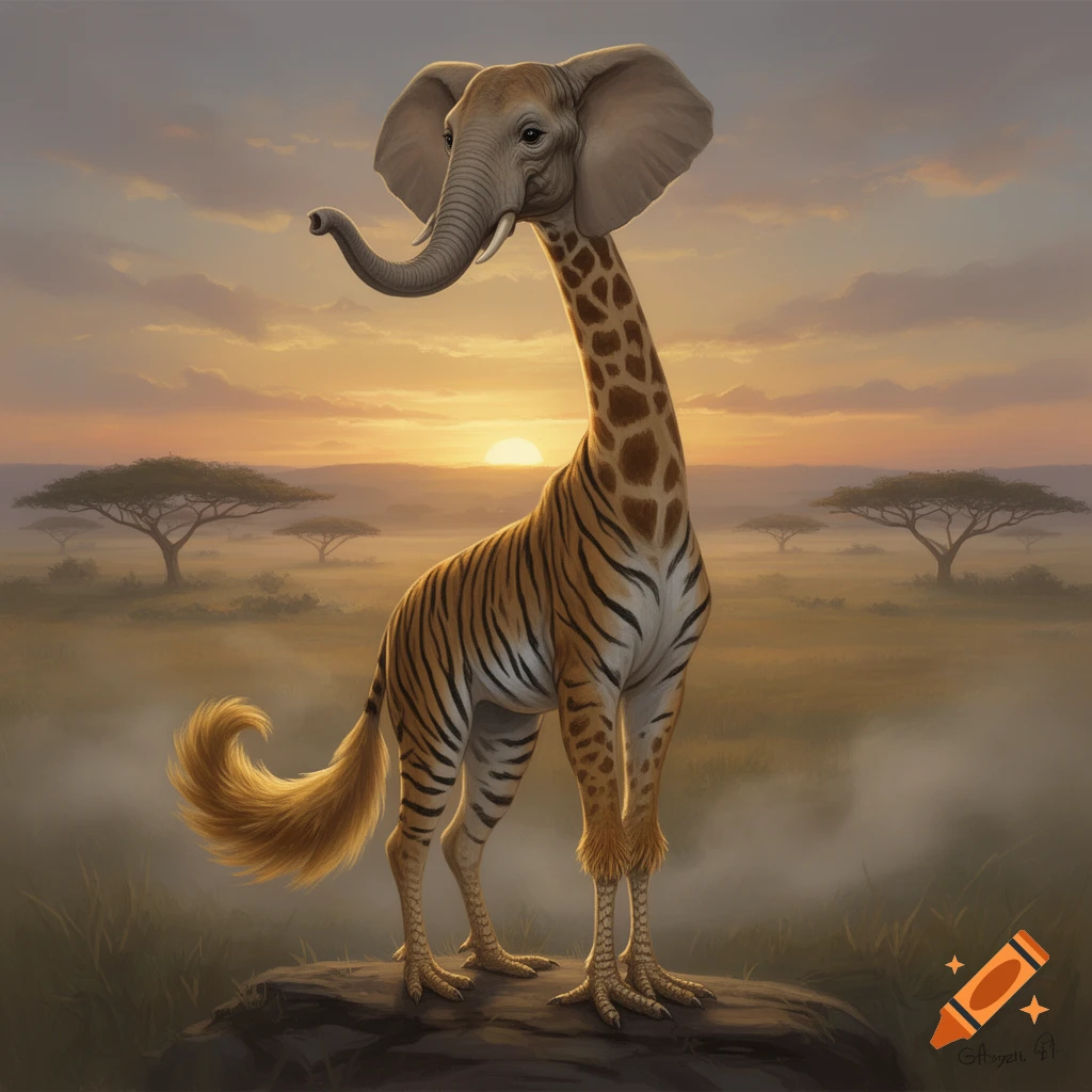 A photorealistic hybrid creature with an elephant head, giraffe neck, tiger body, chicken feet, and a fluffy tail, standing on a rock in a savanna at sunset.