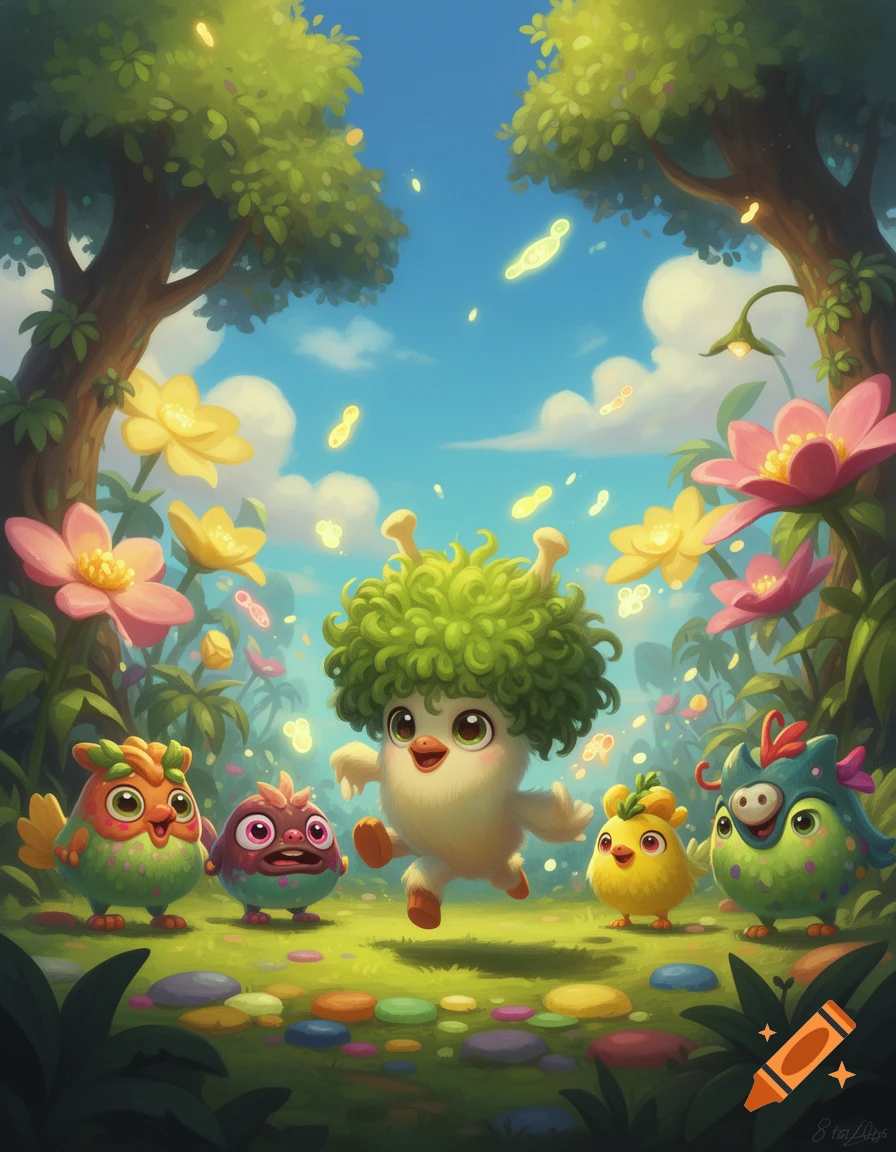 Five adorable, colorful, round monster-like creatures in a vibrant, lush fantasy forest with large flowers. One green-haired creature leaps happily.