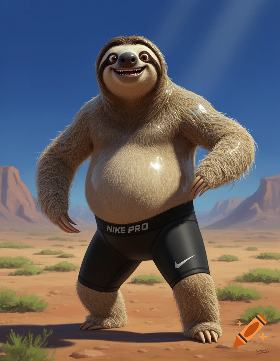 A cartoon sloth resembling Sid from Ice Age, wearing black Nike Pro biker shorts, stands smiling in a desert with mountains under a blue sky.