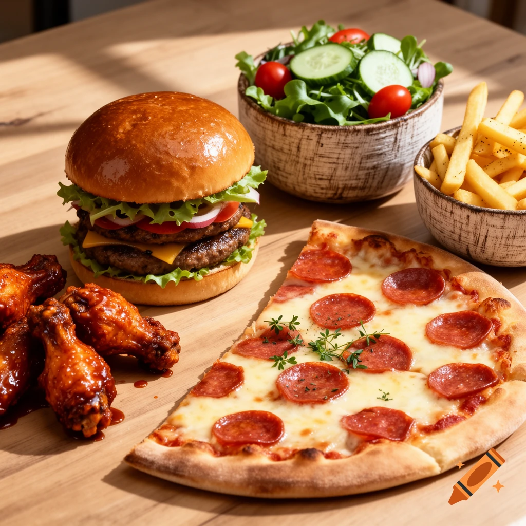 A photorealistic spread of fast food including a double cheeseburger, pepperoni pizza slice, BBQ chicken wings, french fries, and a garden salad on a wooden table.