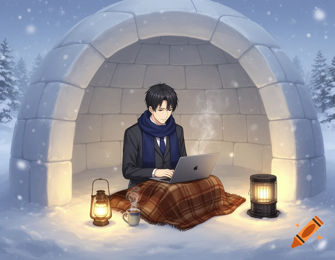 A semi-realistic anime of a Japanese office worker on a laptop inside a cozy snow igloo, surrounded by winter scenery.
