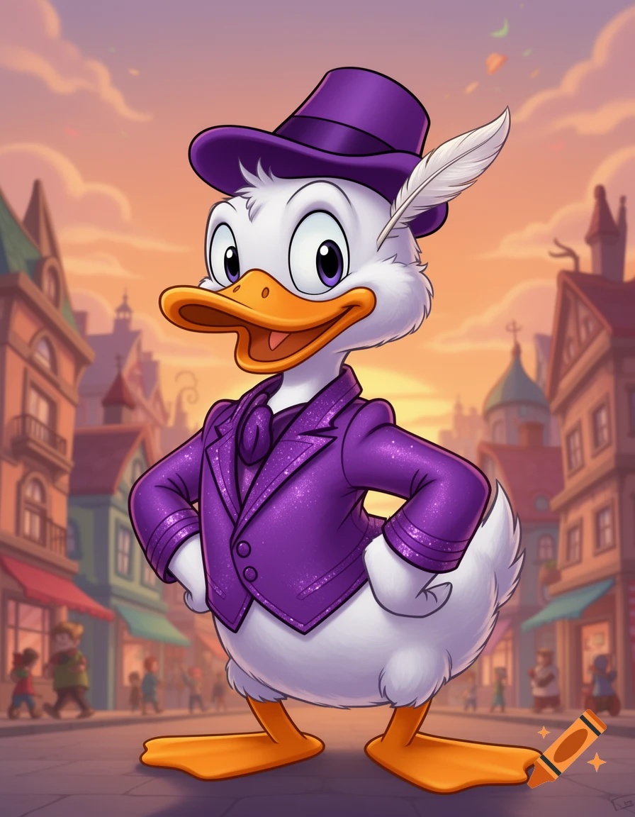 A vibrant cartoon duck character in a sparkly purple suit, vest, and top hat with a feather, standing on a street in a town at sunset.