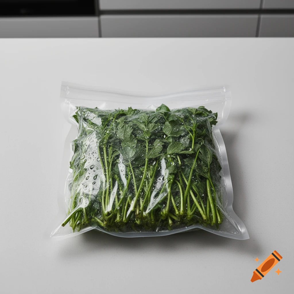 Fresh green leafy vegetables with water droplets, vacuum-sealed in a clear plastic bag on a light counter. Photorealistic.