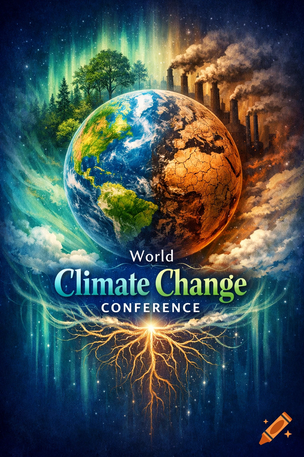 A vibrant poster shows Earth divided: one side lush green with trees, the other dry and cracked with smoking factories. Text: World Climate Change Conference.