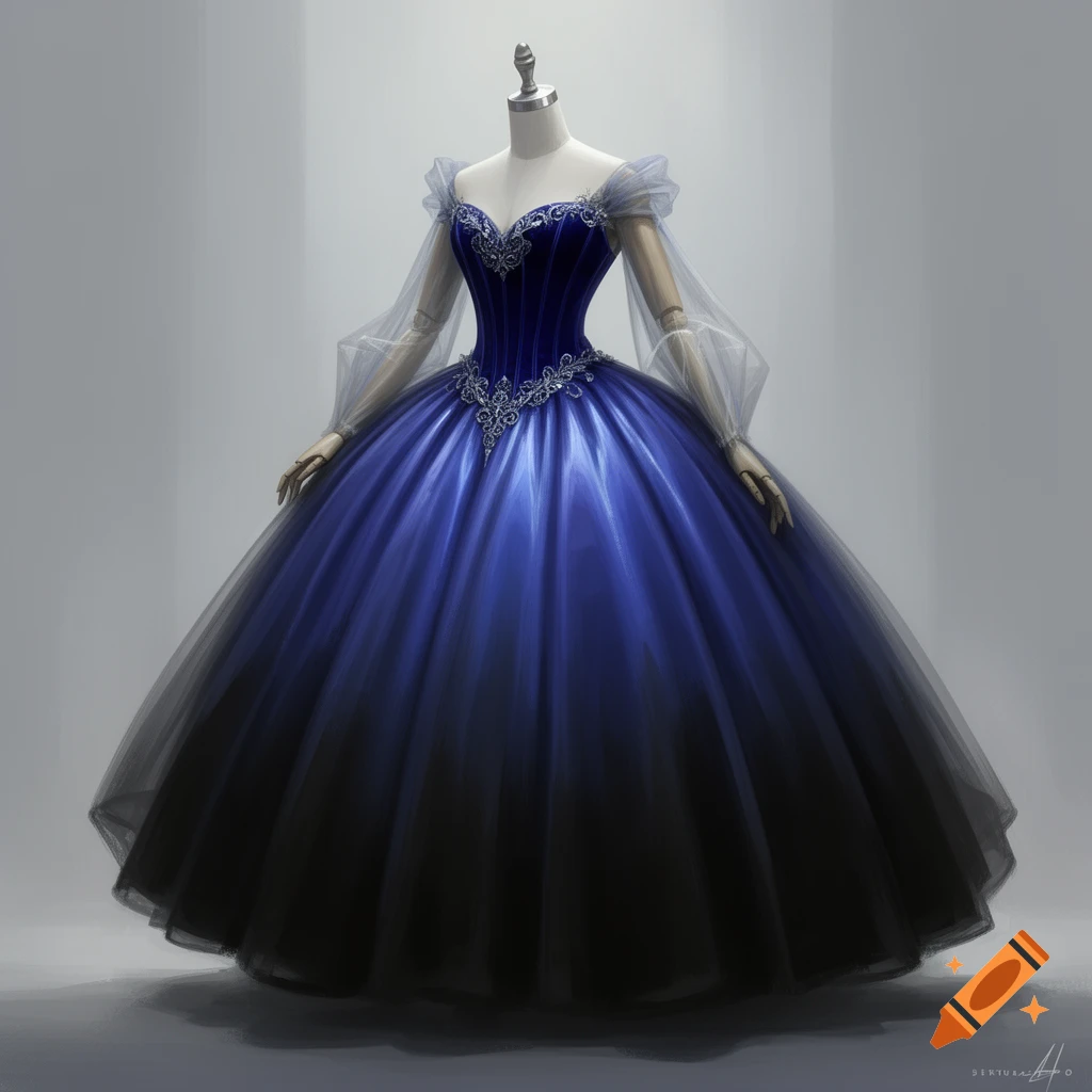 Mannequin in an elegant royal blue and black gradient ball gown with a blue velvet bodice and sheer sleeves.
