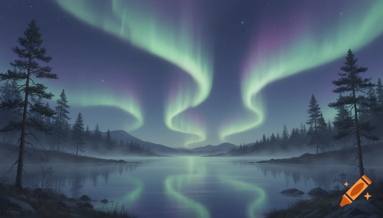 Green and purple aurora borealis light up a night sky over a serene lake surrounded by a misty pine forest.