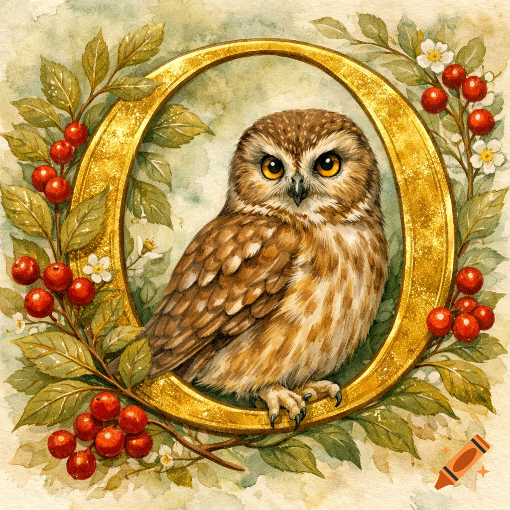 Arts and Crafts watercolor of a Northern Saw-Whet owl in a gilded letter 'O' with berries and foliage.
