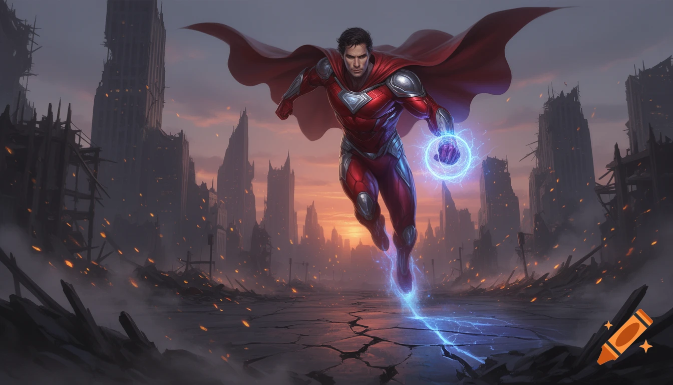 A superhero in a red suit and cape flies with glowing energy over a ...