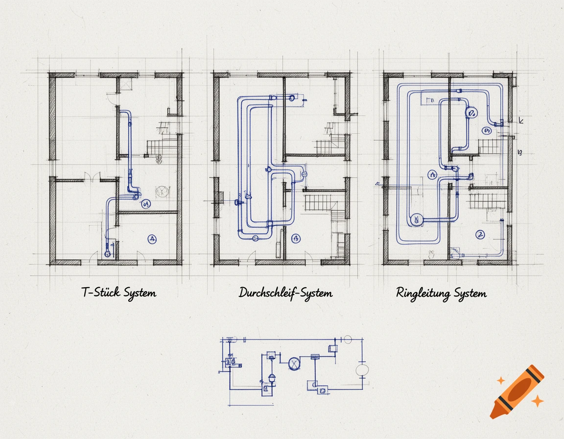 Three hand-drawn architectural blueprints showing different piping system layouts: T-Stück, Durchschleif, and Ringleitung, with a smaller schematic below.