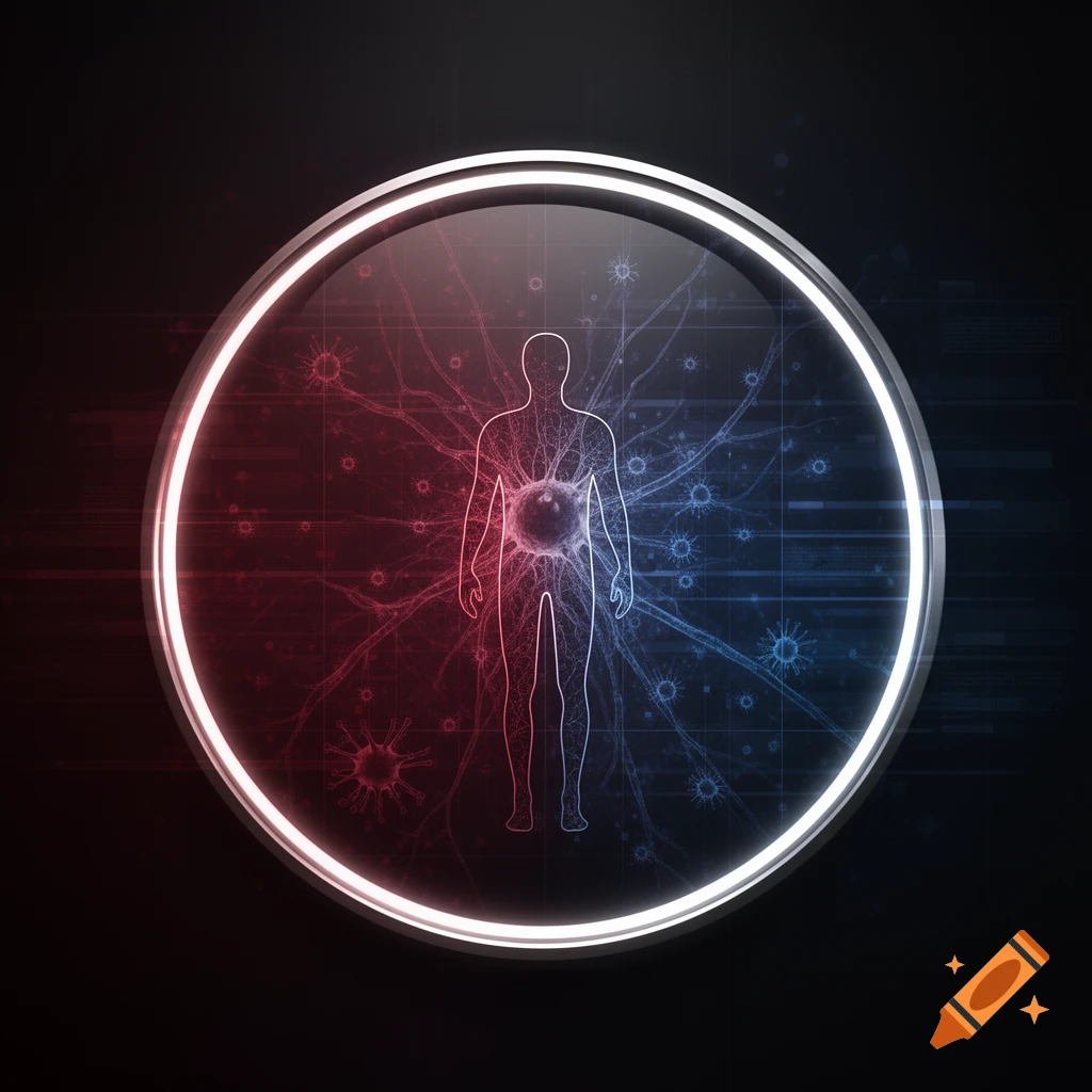 Digital illustration of a human outline surrounded by virus and neuron-like structures within a glowing circle, split red and blue on a dark background.