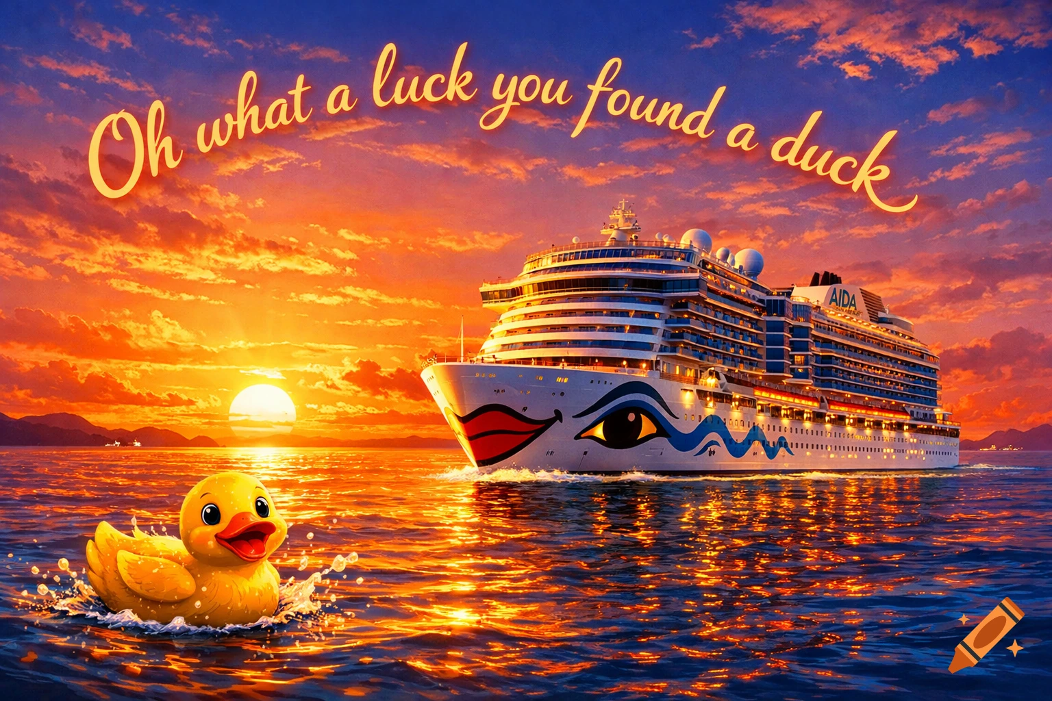A vibrant image of a rubber duck on the water with a large cruise ship in the background at sunset, with text "Oh what a luck you found a duck" in the sky.