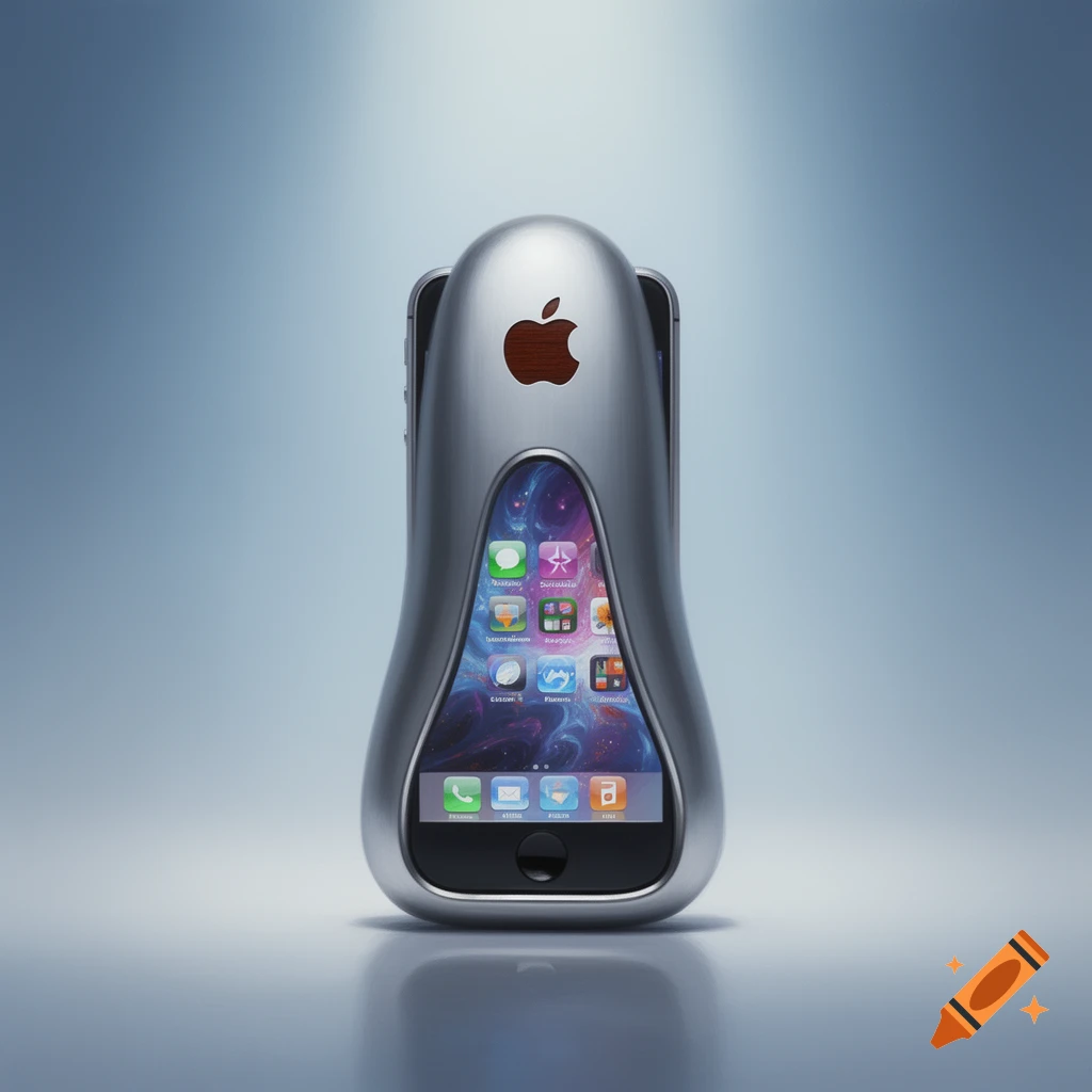 A conceptual silver iPhone with a bulbous, stylized form, displaying app icons on its screen against a light blue background.