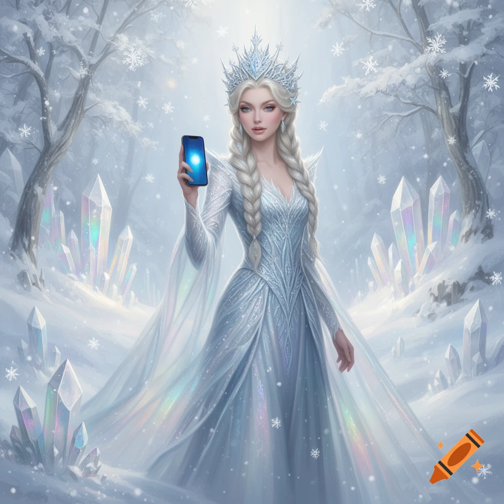A blonde woman with braids, wearing a shimmering ice queen gown and crown, holds a glowing smartphone in a snowy, crystal-filled forest.