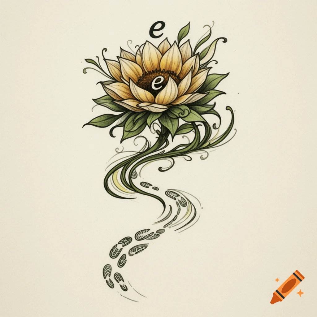 A stylized flower tattoo design with two 'e' letters and a trail of footprints beneath it on a light background.
