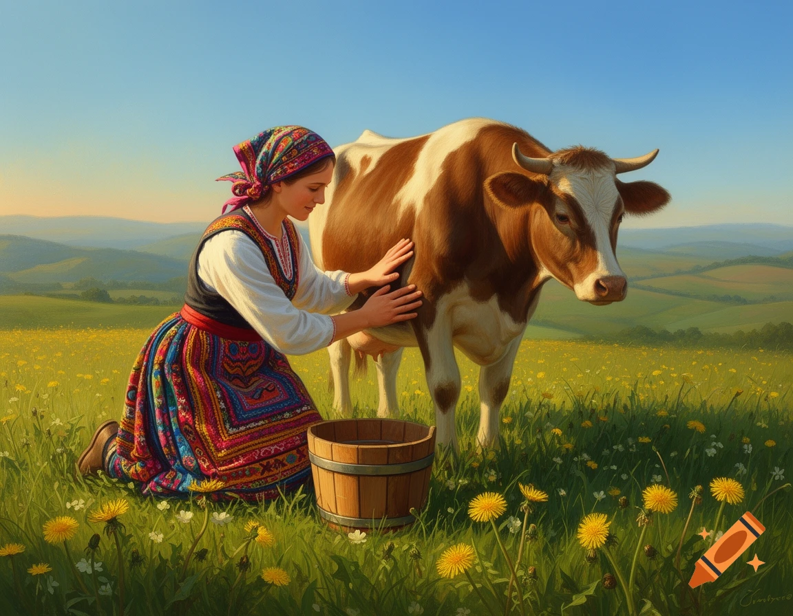 A woman in a colorful folk dress kneels, petting a brown and white cow in a sunny dandelion field, with a wooden bucket.