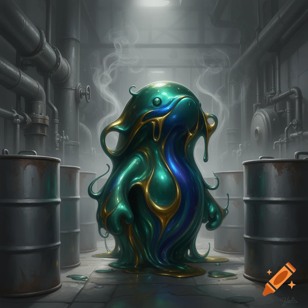 A shiny, green, blue, and gold dripping oil creature stands among metal barrels and pipes in a smoky industrial setting.