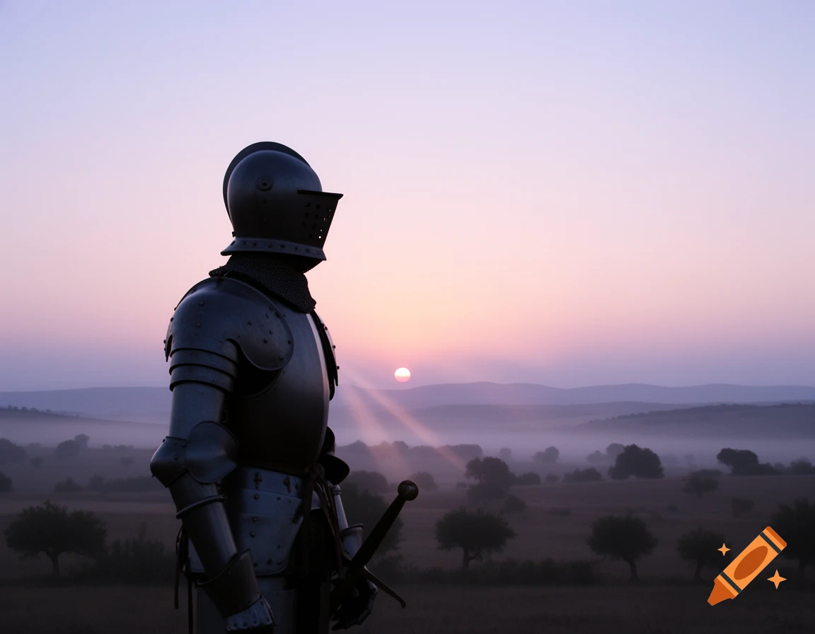 A knight in full dark armor stands on a hill, looking out at a misty valley and mountains at sunrise.