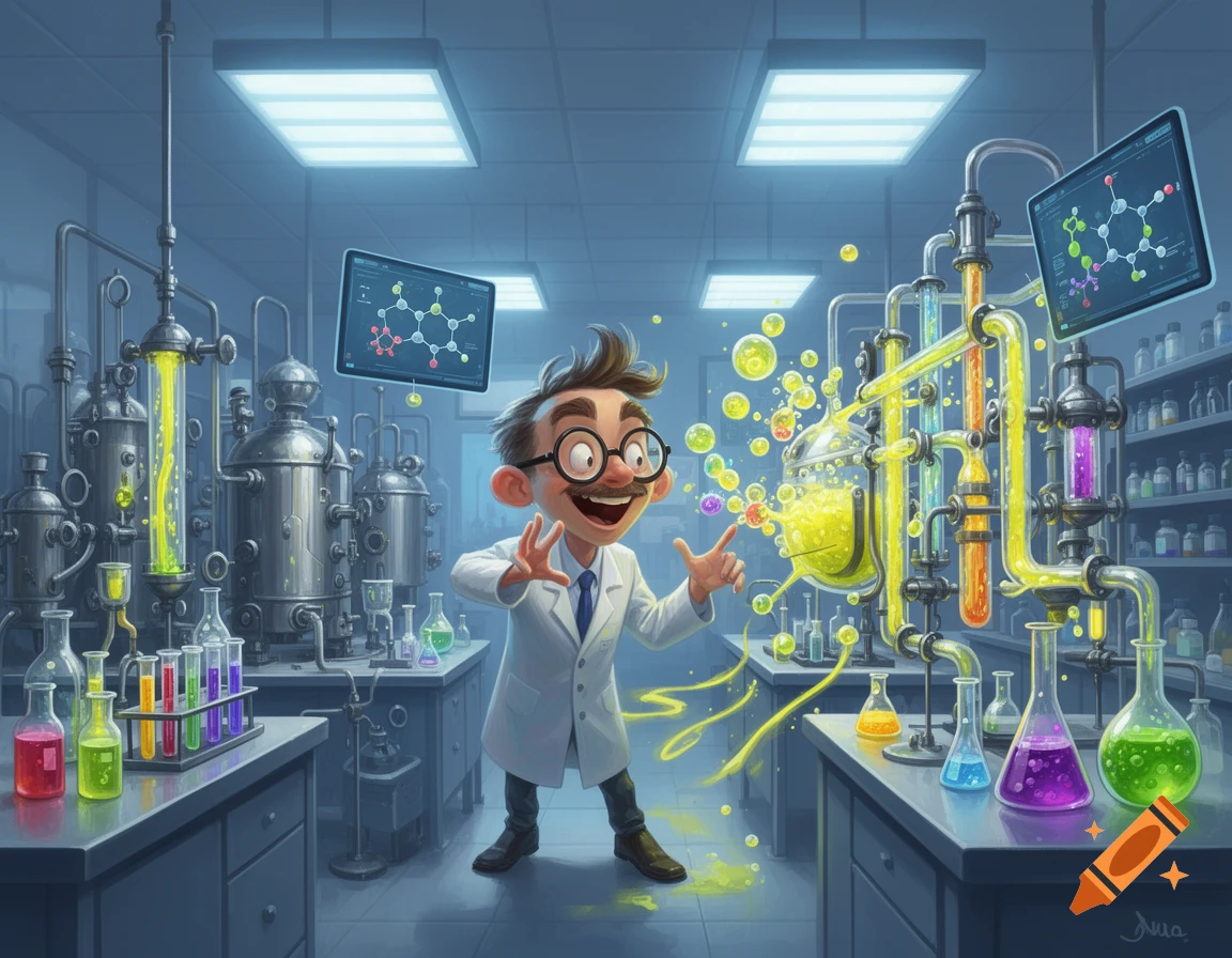 A cartoon chemist in a vibrant lab with complex equipment, colorful glowing liquids, and molecular structures displayed on screens, suggesting a lively chemical reaction.