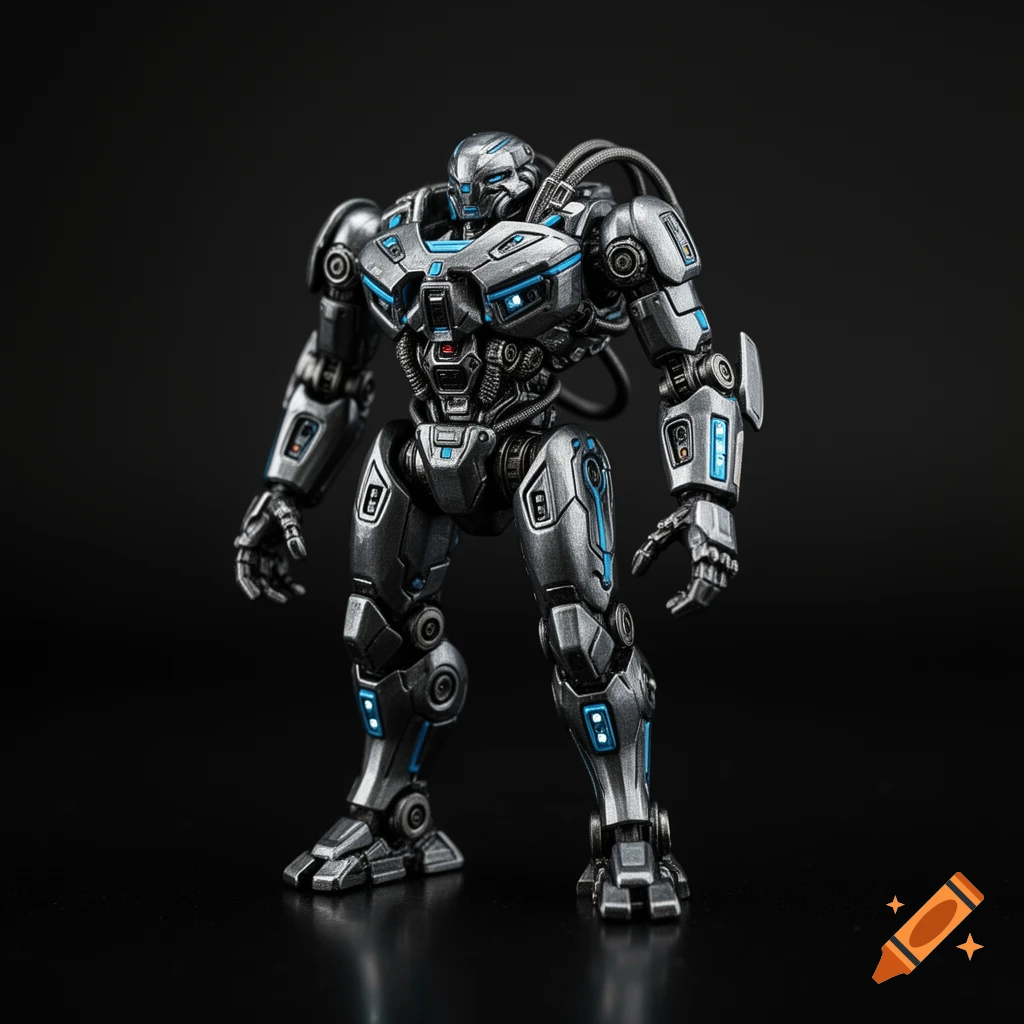 Detailed silver and blue combat robot action figure standing against a dark background.
