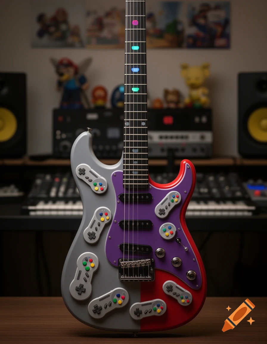 A hyper-realistic electric guitar designed with Super Nintendo and N64 themes, featuring SNES controllers as decoration.