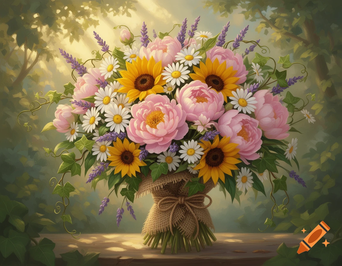 Vibrant bouquet of pink peonies, yellow sunflowers, white daisies, and lavender tied with burlap on a wooden table in a sunny garden.
