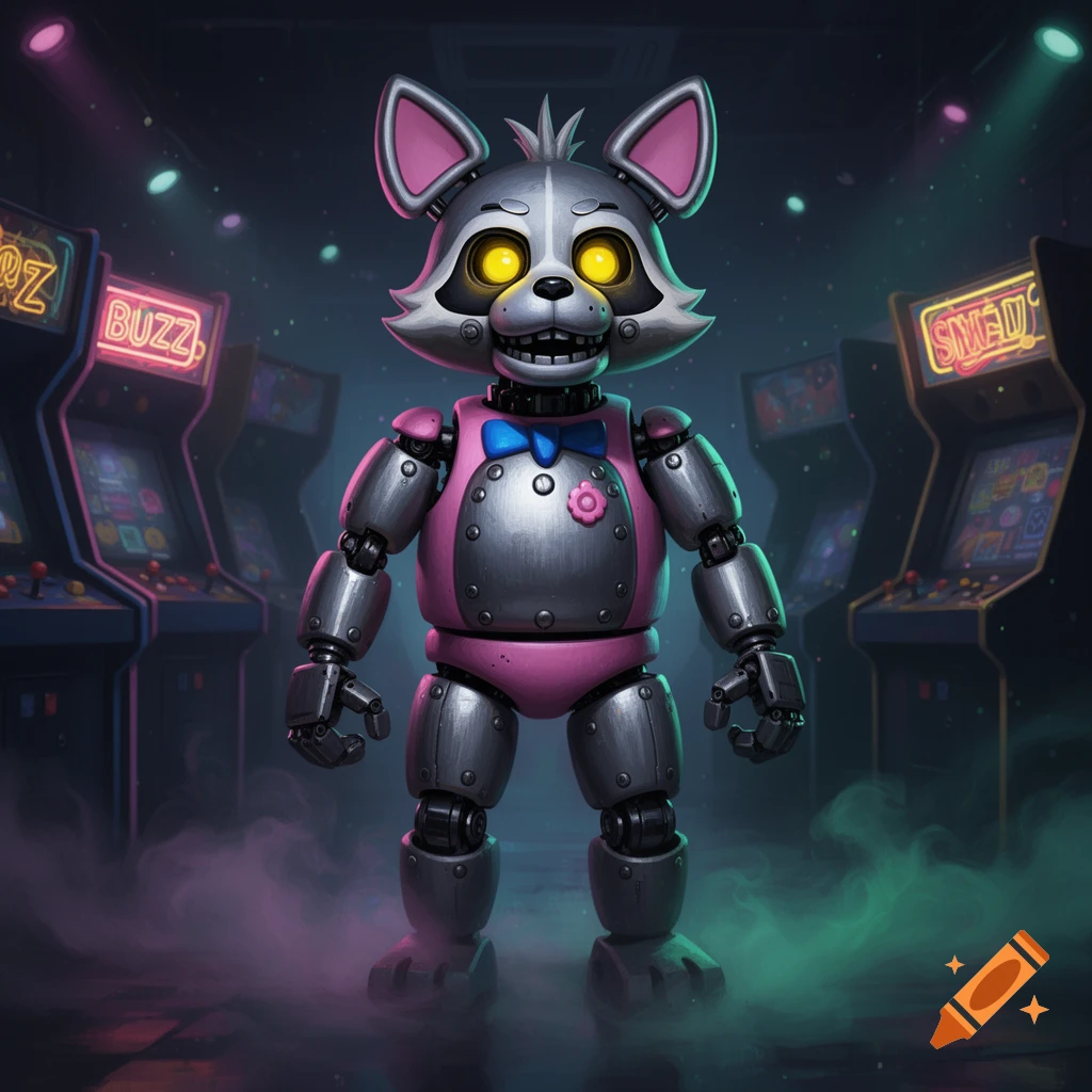 A Fnaf-styled animatronic fox with yellow eyes, a blue bow tie, and pink body parts stands in a dimly lit arcade with neon signs.
