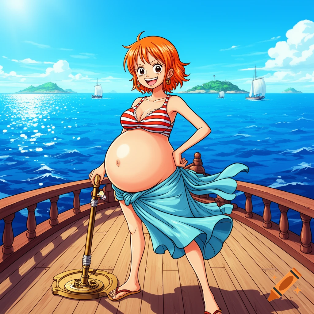 Nami from One Piece, pregnant, stands on a boat deck in a bikini top and blue sarong, smiling with an ocean background.