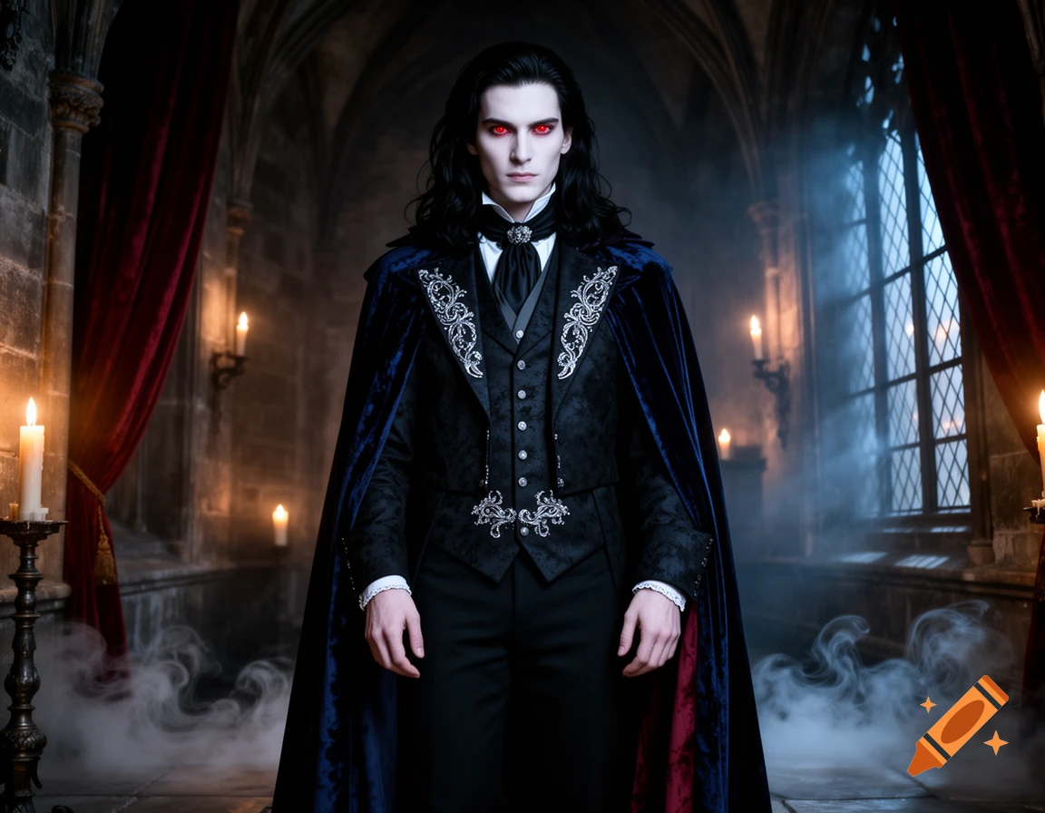 A handsome male vampire with pale skin, red eyes, and long dark hair, wearing a black suit and a blue and red velvet cape, stands in a dimly lit gothic castle hall with candles and smoke.