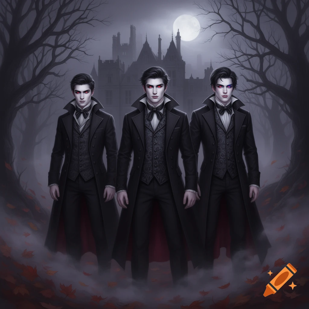 Three identical young male vampires in black coats stand in a dark, misty forest with a gothic castle and full moon in the background.