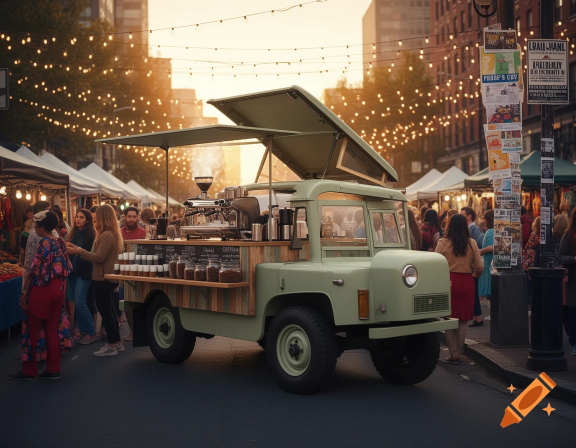 A light green Land Rover coffee truck parked at a bustling outdoor street market with string lights overhead during sunset.