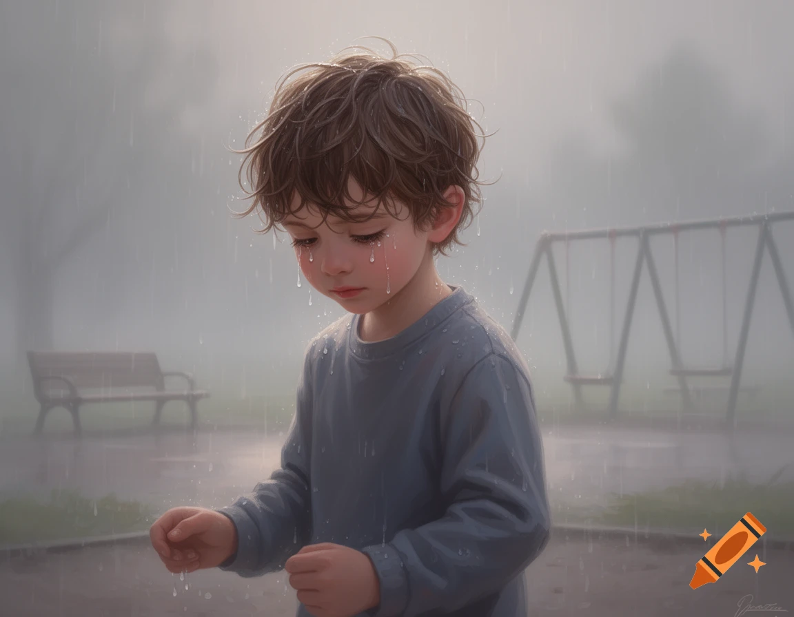 A young boy with wet, curly brown hair cries in the rain at a misty park, droplets on his blue shirt.