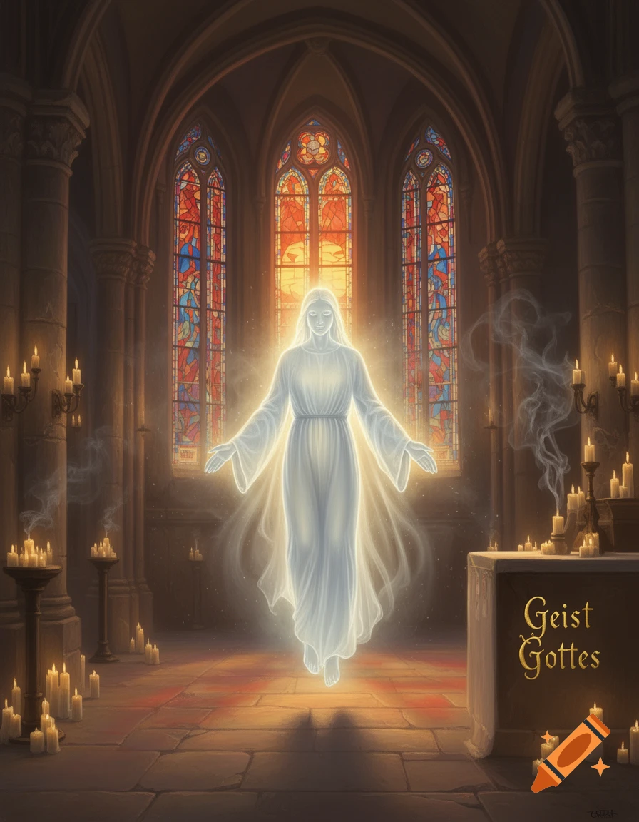 A glowing, ethereal figure in a white robe floats in a dimly lit church with stained-glass windows and many lit candles.