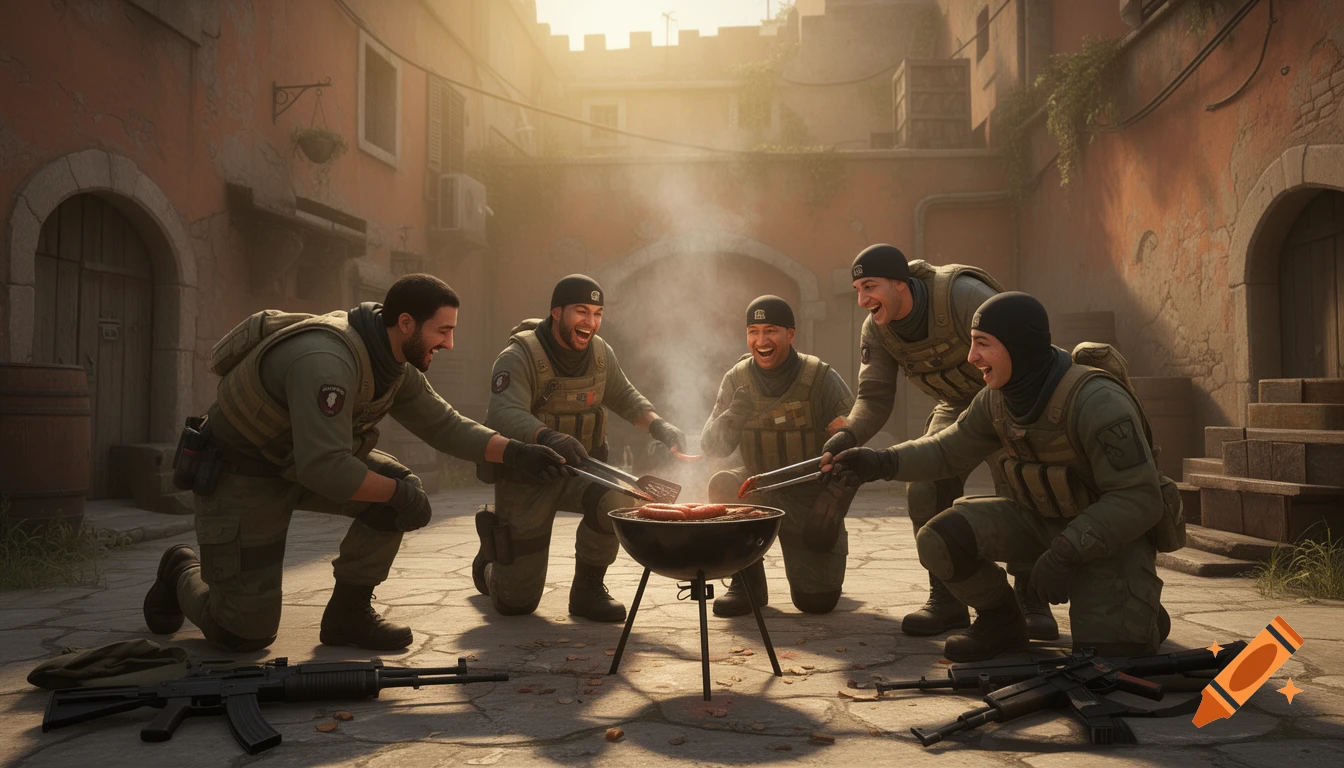 Five military-clad figures, some in balaclavas, laugh while barbecuing sausages in a sunny urban courtyard, rifles on ground.