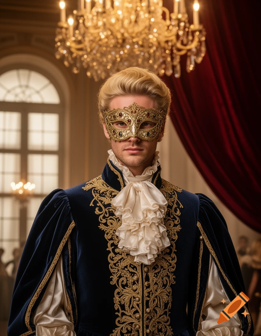 Blond man in an ornate gold masquerade mask and an embroidered blue 19th-century costume in a grand ballroom.