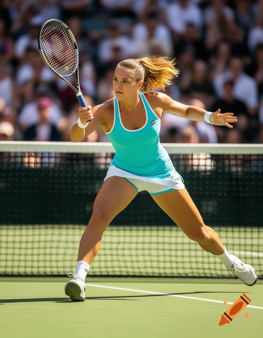 A photorealistic image of a female tennis player in a turquoise and white uniform on a green court, holding a racket in a ready stance.