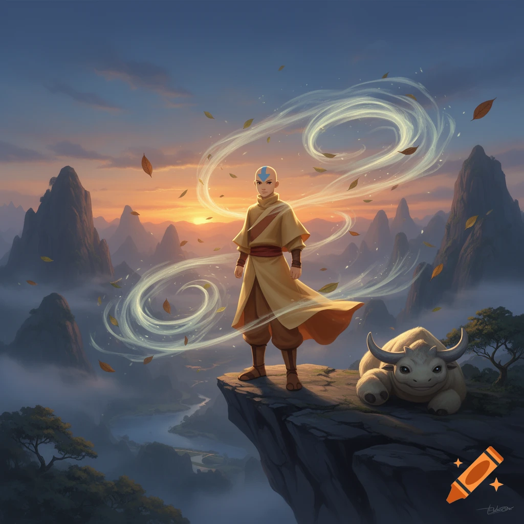 Aang and Appa stand on a cliff overlooking a misty mountain valley at ...