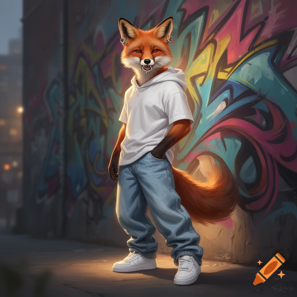 A stylish anthropomorphic red fox with piercings, wearing a white hoodie, baggy jeans, and white sneakers, stands in front of a colorful graffiti wall.