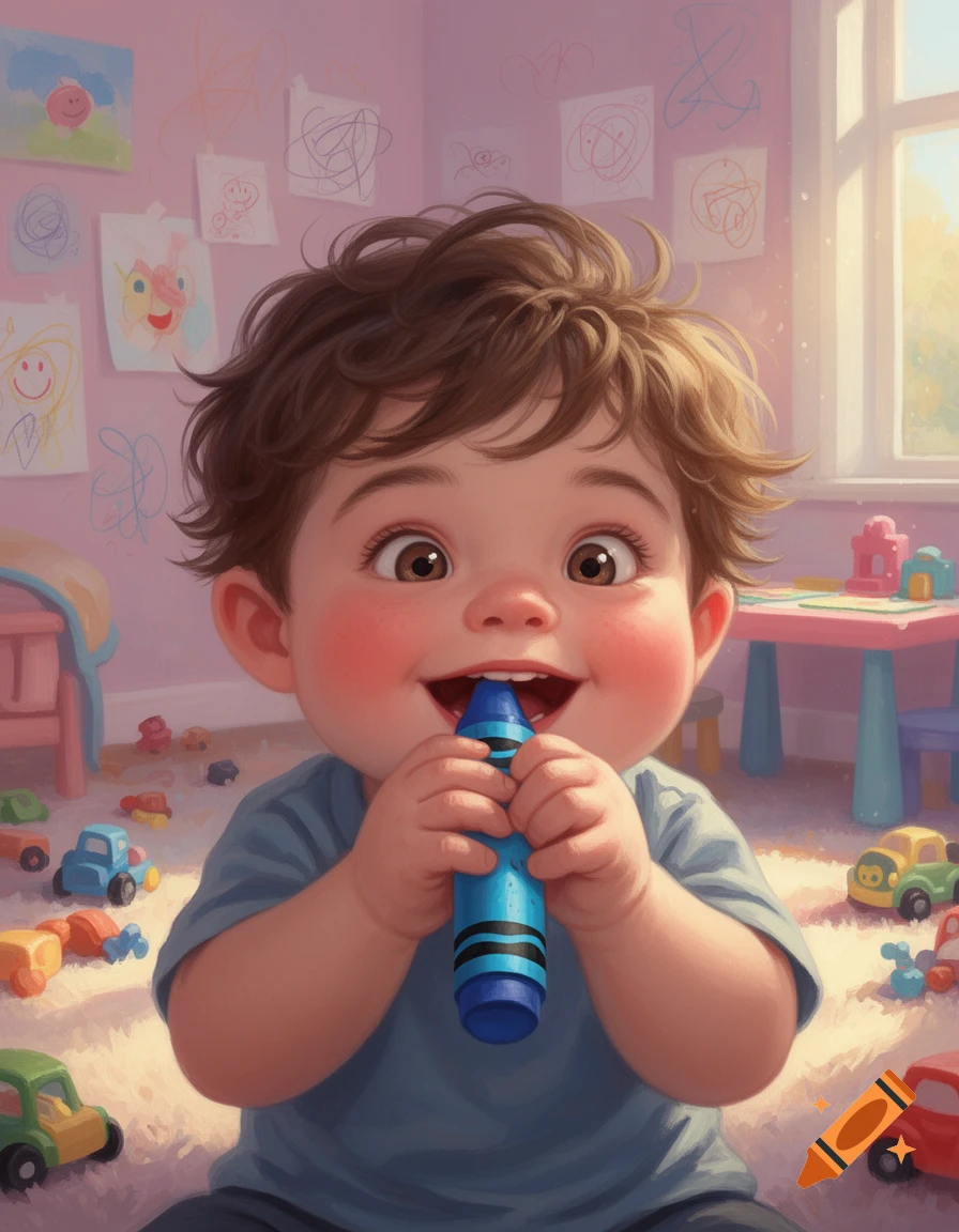 A cute, chubby baby with messy hair smiles, putting a blue crayon in its mouth in a colorful playroom.