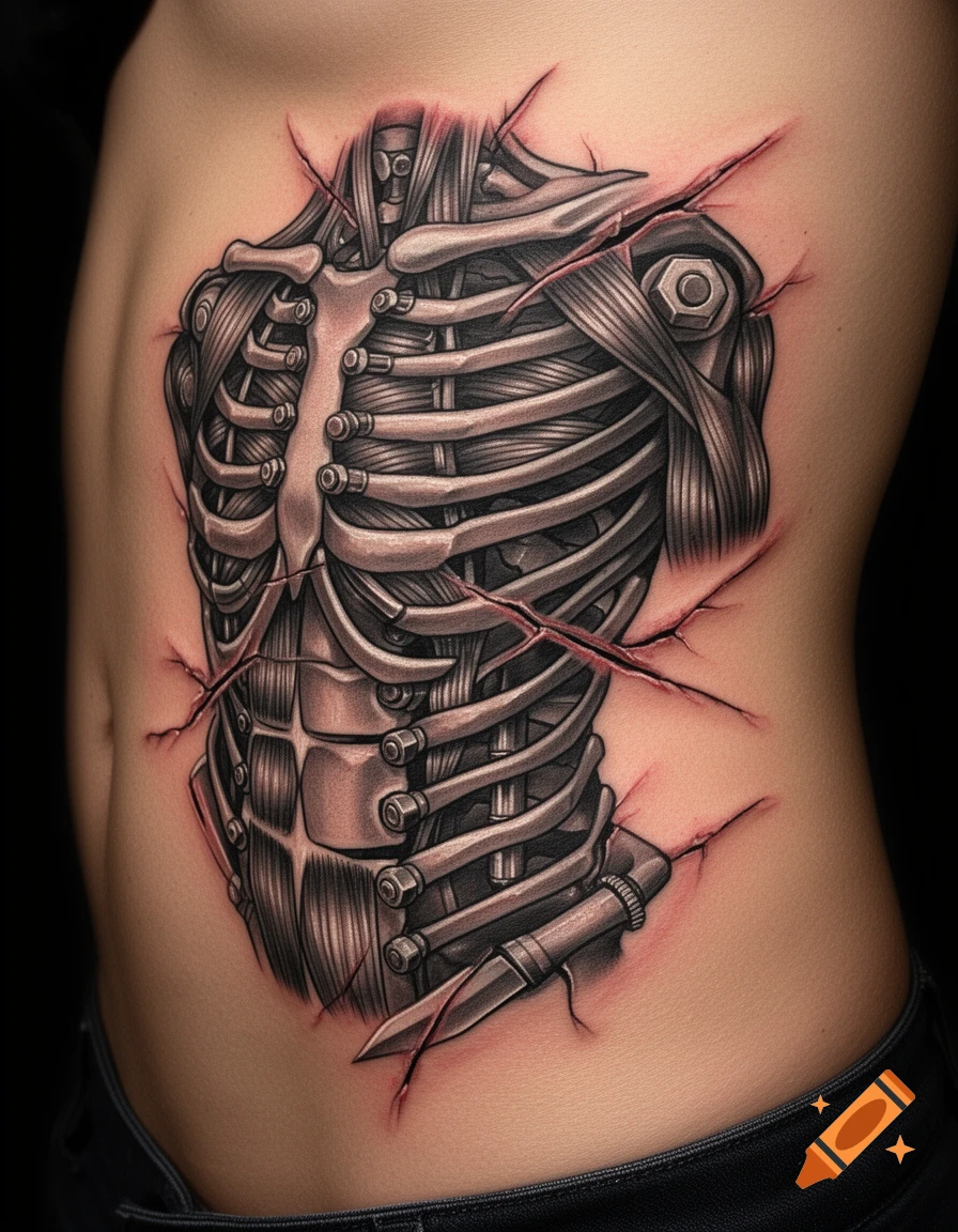 Close-up of a realistic 3D biomechanical tattoo on a person's torso, showing torn skin revealing a metallic rib cage and machinery.
