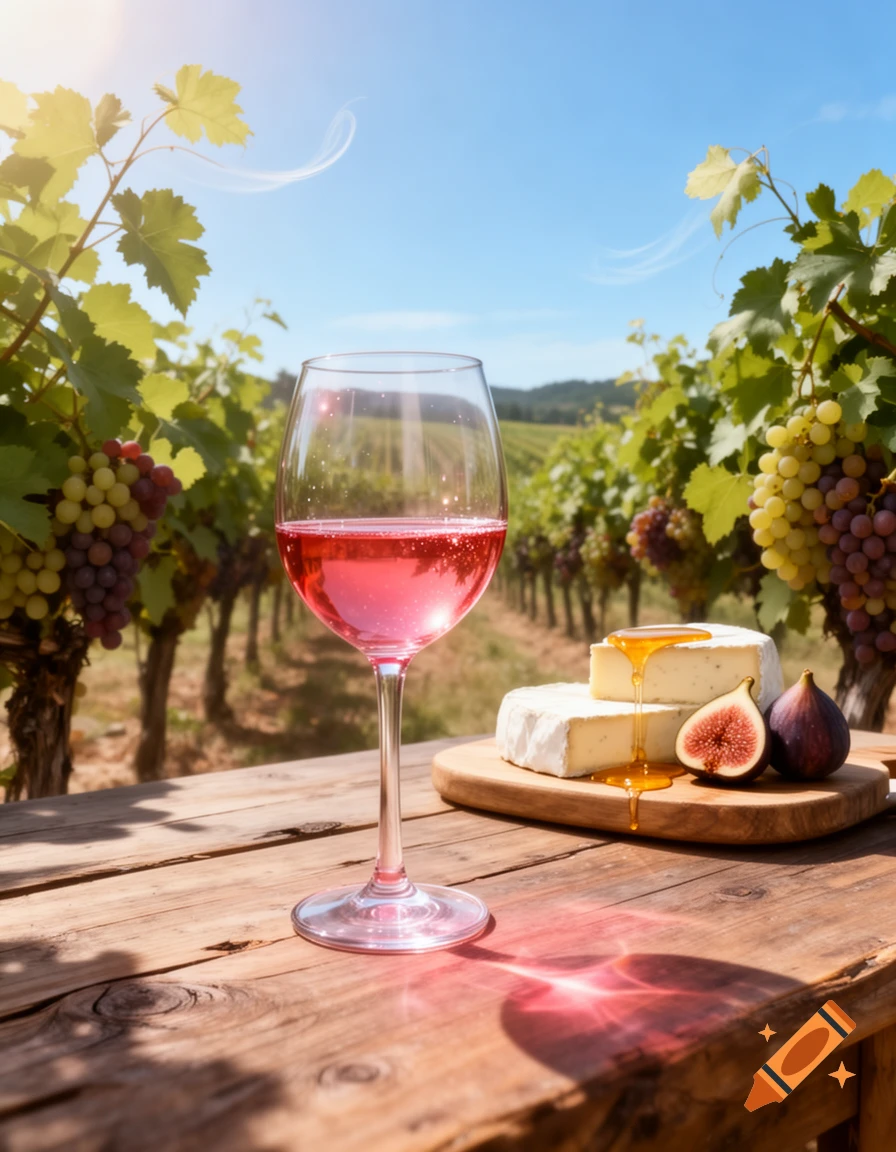 A glass of ros é wine, cheese, figs, and grapes on a rustic wooden table in a sunny vineyard.