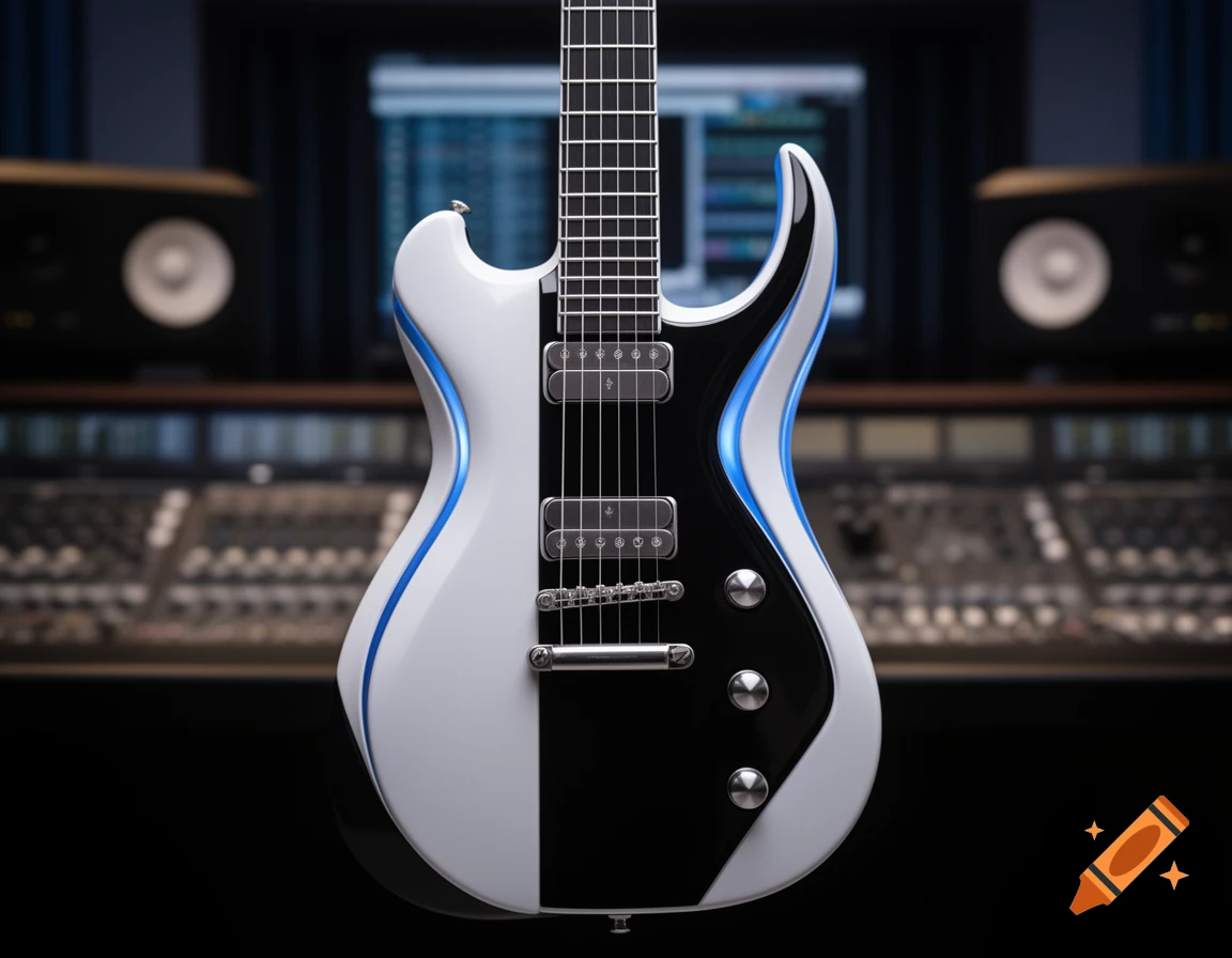 A hyper-realistic electric guitar in white and black with blue accents, inspired by Playstation 5, in a music studio.