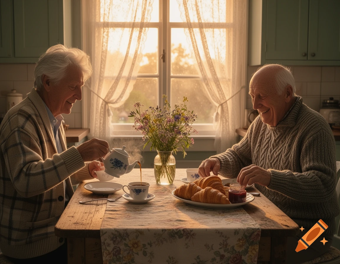 Two smiling elderly men enjoy a sunny morning breakfast with croissants and tea.